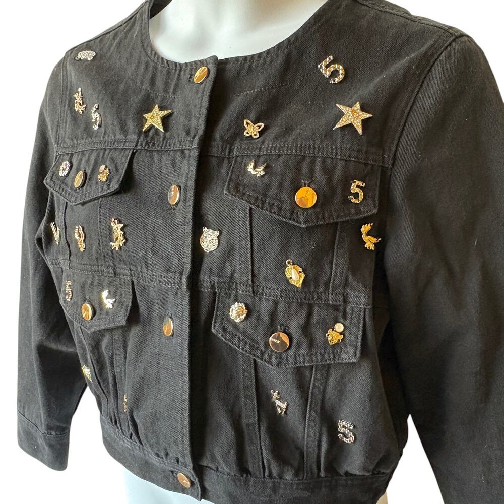 Oo La La Black Denim Embellished Collarless "Charm" Jacket Whimsy Bling size L - Picture 9 of 16